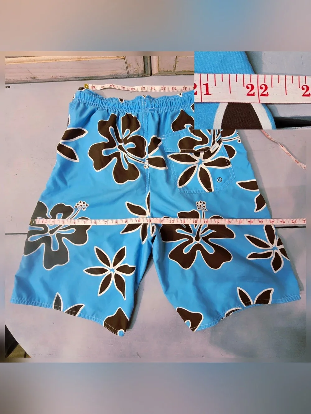 Vtg Y2K Hawaiian Hibiscus Board Shorts Swim Trunks Sky Blue Brown Youth Large